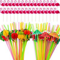 150 Pieces Hawaiian Beach Cocktail Luau Party Decorations Supplies Set Including 50 Umbrella Parasol Drinking Straws, 50 Pieces Mixed Color 3D Fruit Straws, 50 Flamingo Cocktail Handmade Bamboo Picks