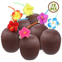 FuturePlusX Tropical Coconut Drink Cups, 12PCS Plastic Hawaii Party Cups with Straws for Hawaiian Luau Party Children Summer Beach Party
