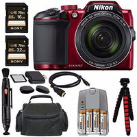 Nikon COOLPIX B500 Digital Camera (Red) + NiMH Batteries and Charger Set + Sony 16GB SDHC Card + Sony 32GB SDHC Card + Memory Card Reader + Tripod + 6" HDMI to Micro HDMI Cable Bundle