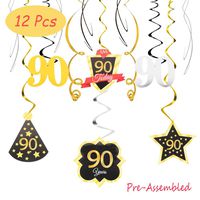90 Birthday Decoration Happy 90th Birthday Party Silver Black Gold Foil Hanging Swirl Streamers I'm Ninety Years Old Today Birthday Hat Gold Star Ornament Party Present Supplies