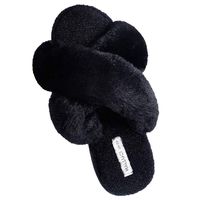 HALLUCI Women's Cross Band Soft Plush Fleece House Indoor or Outdoor Slippers (5-6, Black)