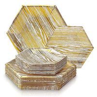 PARTY DISPOSABLE 36 PC DINNERWARE SET | 18 Dinner Plates | 18 Dessert Plates | Heavy Duty Disposable Paper Plates | Hexagon Wood Design | Biodegradable Plates for Upscale Wedding and Dining (Gold)