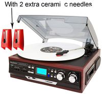 Boytone Bundle BT-37M-C 3-Speed Stereo Turntable with 2 Extra Ceramic Needles (Bluetooth Out Transfer), 2 Built-in Speakers, LCD Display, AM/FM Radio, USB/SD/AUX+ Cassette Player