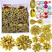 48 Set Christmas Gold Gift Bows Ribbon Assortment Holiday Present Bows Gift Wrapping Package Bows Metallic Shiny and Holographic Gold Colors Bows Small Medium Big PVC Bows for Xmas Party Gift Baskets