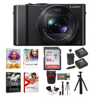 Panasonic LUMIX LX10 4K Digital Camera with 24-72mm f/1.4-2.8 Lens (Black) with 64GB Memory Card, Photo Software Kit, Battery/Charger Pack, 12" Spider Tripod, and Accessory Bundle (10 Items)
