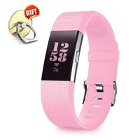 IYOU Compatible for Fitbit Charge 2 Replacement Bands, Classic Edition Adjustable Silicone Sport Wristbands Fitbit Charge 2 Bands for Women and Men, Pink, Small,【Gift】 1X Finger Ring Stand