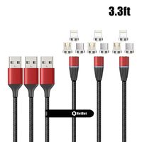 NetDot Gen12 3 in 1 Magnetic Fast Charging Data Transfer Cable Compatible with Micro USB & USB-C Smartphones and i-Product(3.3ft/3 Pack red)