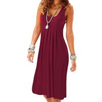 Snowfoller Women Summer Solid Color Vest Dress Sexy Summer O-Neck Sleeveless Plain Pleated Casual Dress (S, Wine Red)