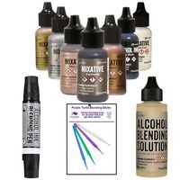 Ranger Tim Holtz Alcohol Ink Mixatives Bundle - All 8 Colors, Pearl, Copper, Silver, Gold, Snow Cap, Rose Gold, Gunmetal, Pitch Black, Blending Tools and Alcohol Solution