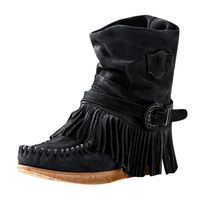 Women's Moccasins Ankle Boots,Tsmile Retro Chic Suede Adjustable Buckle Round Toe Tassel Fringe Flat Short Boots Black