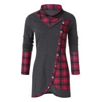 Trolimons Women's Turtleneck Long Sleeve Asymmetrical Plaid Thin T-Shirt Tops Tartan Tunic Sweatshirt Pullover Button