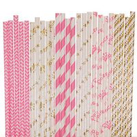 Princess Paper Straw Mix - Gold Foil, Hot Pink, White - Striped, Chevron, Star, Crown (100)