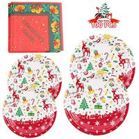 100 PCS Christmas Party Supplies Disposable Dinnerware Set Serves 30 Guests Includes 30 9" Dinner Plates 30 7" Dessert Plates and 40 Napkins Santa&Reindeer Dinner Paper Plates for Holiday Party