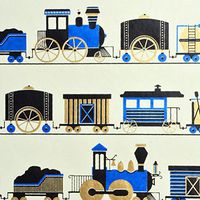 Trains - Cream/Black/Blue and Metallic Gold (21″×29″)