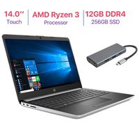 HP 14.0-inch Touchscreen HD Display Laptop PC, AMD Ryzen 3 3200U 2.6GHz Processor, AMD Radeon Vega 3 Graphics, 12GB DDR4 RAM, 256GB SSD, HDMI, Bluetooth, B&O Play, Windows 10 w/Type-C Hub