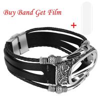 Xiaomi Band 4 Replacement Strap Mi 4 Smart Watch Wristbands Replacement Stainless Steel+Genuine Leather Length 240mm for Xiaomi Mi Band 4 Bracelet with Film (Black)