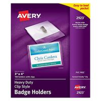 Avery Clear Heavy-Duty Clip Style Landscape Badge Holders, 3 x 4, Box of 100 (2923)