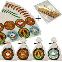 Christmas Round Sticker with Cello Treat Bags for Cookie Biscuits Candy Cake Baking Packaging, Pack of 100 Bags and 80 Stickers (8x12cm)