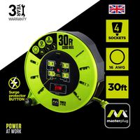Masterplug 30ft Extension Cord Cassette Reel with 4 120V / 13 amp Integrated Outlets and Thermal Overload Switch