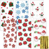 Tantuo 200 Pieces Christmas Cellophane Bags Treat Bags Cello Bags with 6 Assorted Styles, Peppermint, Poinsettia Patterns Snow Flake, Santa, Snowman and Gift Box (Style 1)