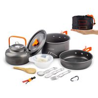 Overmont 15pc Camping Cookware Mess Kit, Lightweight Pot Pan Kettle Fork Knife Spoon Kit for Backpacking, Outdoor Hiking and Picnic