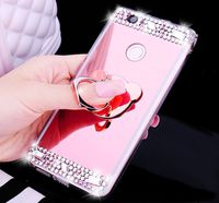 IKASEFU Luxury Crystal Rhinestone Soft Silicone Rubber Bumper Bling Diamond Glitter Mirror Makeup Case Cover with Bear Ring Stand Holder Compatible with Huawei P8 Lite 2017 (Rose Gold)