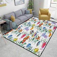 YucouHome Jellyfish Checkered Anti-Static Area Rugs, Tropical Coral Reef with Seaweed Algae Jellyfish Aquatic Saltwater Nemo Theme, Fashionable High Class Living Bedroom Rugs(8'x 10') Multicolor
