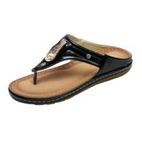 Women Rhinestone Flat Flip Flops, Oliviavan Casual Clip Toe Leather Non Slip Sandals Beach Shoes Black