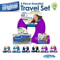 Cloudz Microbead Travel Neck Pillow, Sleep Mask & Compact Blanket Travel Kit - Bright Purple