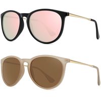 WOWSUN Polarized Sunglasses for Women Vintage Retro Round Mirrored Lens (Black Frame Pink Mirrored Lens + Beige Frame Brown Lens 2 Pack, 55)