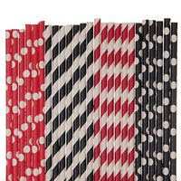 Red and Black Paper Straw Mix - Red, Black, Striped, Polka Dot (75)