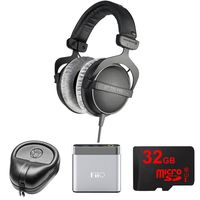 beyerdynamic Headphones - 80 ohms (DT 770-PRO) with Slappa HardBody Headphone Case, FiiO A1 Port. Headphone Amplifier & 32GB MicroSD High-Speed Memory Card