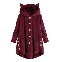 Honestyivan Women's Casual Solid Button Long Sleeve Cat Ear Warm Plush Hoodie Jacket Coat Outwear Tops Fall Winter Wine