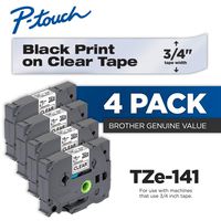 Brother Genuine P-Touch 4-Pack TZe-141 Laminated Tape, Black Print on Clear Standard Adhesive Laminated Tape for P-Touch Label Makers, Each Roll is 0.7"/18mm (~ 3/4") Wide, 26.2 ft. (8M) Long
