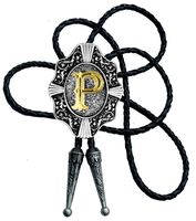 Moranse Golden Initial A to Z in Flower Nursery Cowboy Bolo Tie with Cowhide Rope(P)