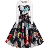 iNoDoZ Womens Vintage Christmas Printed Dress Ladies Elegant Long Sleeves Party Dress Xmas Dress Black