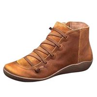 Women's Ankle Boots Ladies Leather Retro Lace up Side Zip Vintage Booties Flat Heel Arch Support Shoes Brown