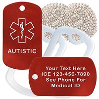 Custom 2 Pack - Autistic Medical Alert ID Necklaces with Red Custom Tags, White Silencers, and 30'' USA Chains