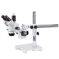 AmScope SM-3TZZ Professional Trinocular Stereo Zoom Microscope, WH10x and WH20x Eyepieces, 3.5X-180X Magnification, 0.7X-4.5X Zoom Objective, Ambient Lighting, Single-Arm Boom Stand, Includes 0.5X and 2.0X Barlow Lenses
