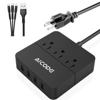 Power Strip Surge Protector with USB, 3 AC Outlets with 4 USB Ports(2.4A MAX), 1250W,5V/3A,5ft Long Power Cord, Black,Portable for Travel/Home/Office, Suitable for Phones, Tablets, Laptops by AICODE