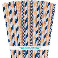 Coral Peach and Navy Paper Straws - Stripe Chevron - 7.75 Inches - Pack of 100