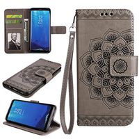 Cfrau Wallet Case with Black Stylus for Samsung Galaxy S8 Plus,Retro 3D Henna Mandala Floral Embossed Magnetic Strap Flip PU Leather Card Slots Stand Soft Rubber Case for Samsung Galaxy S8 Plus,Gray