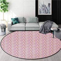 Romantic Art Deco Pattern Non-Slip Backing Washable Round Area Rug,Love Heart Figures Valentines Anniversary Engagement Celebration Theme Foam Mat Bedroom Decor Round-55 Inch,Ruby Fuchsia Coconut