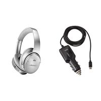 Bose QuietComfort 35 (Series II) Wireless Headphones, Noise Cancelling - Silver with AmazonBasics Car Charger