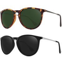 WOWSUN Polarized Sunglasses for Women Vintage Retro Round Mirrored Lens (Black Frame Grey Lens + Matte Leopard Frame G15 Green Lens 2 Pack, 55)