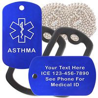 Custom 2 Pack - Asthma Medical Alert ID Necklaces with Blue Custom Tags, Black Silencers, and 30'' USA Chains