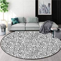 Abstract Washable Creative Modern Round Rug,Curved Spiral Branch Lines Monochrome Curved Bands Shabby Chic Simplistic Picture Coffee Table Mat Non-Skid Living Room Carpet Diameter-39 Inch,Black White