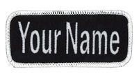 Name Patch Uniform Work Shirt Personalized Embroidered Black with White Border. Hook Fastener.