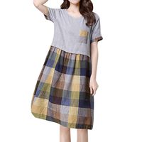 Vintage Casual Cute Women Loose Stitching Pockets Cotton Linen T Shirt Dress Navy