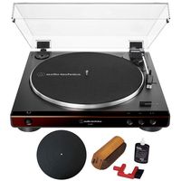 Audio-Technica Fully Automatic Belt-Drive Turntable 33-1/3 & 45 RPM Brown Black (AT-LP60X-BW) with Essentials Bundle Includes Protective Turntable Platter and Vinyl Record Cleaning System